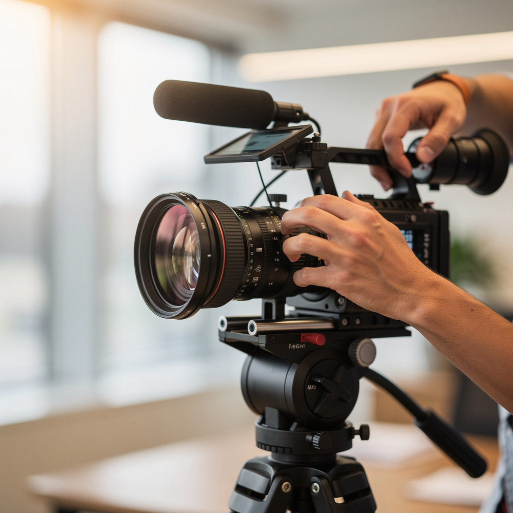 Video Film professional corporate video production team collaborating on a business project in a modern office