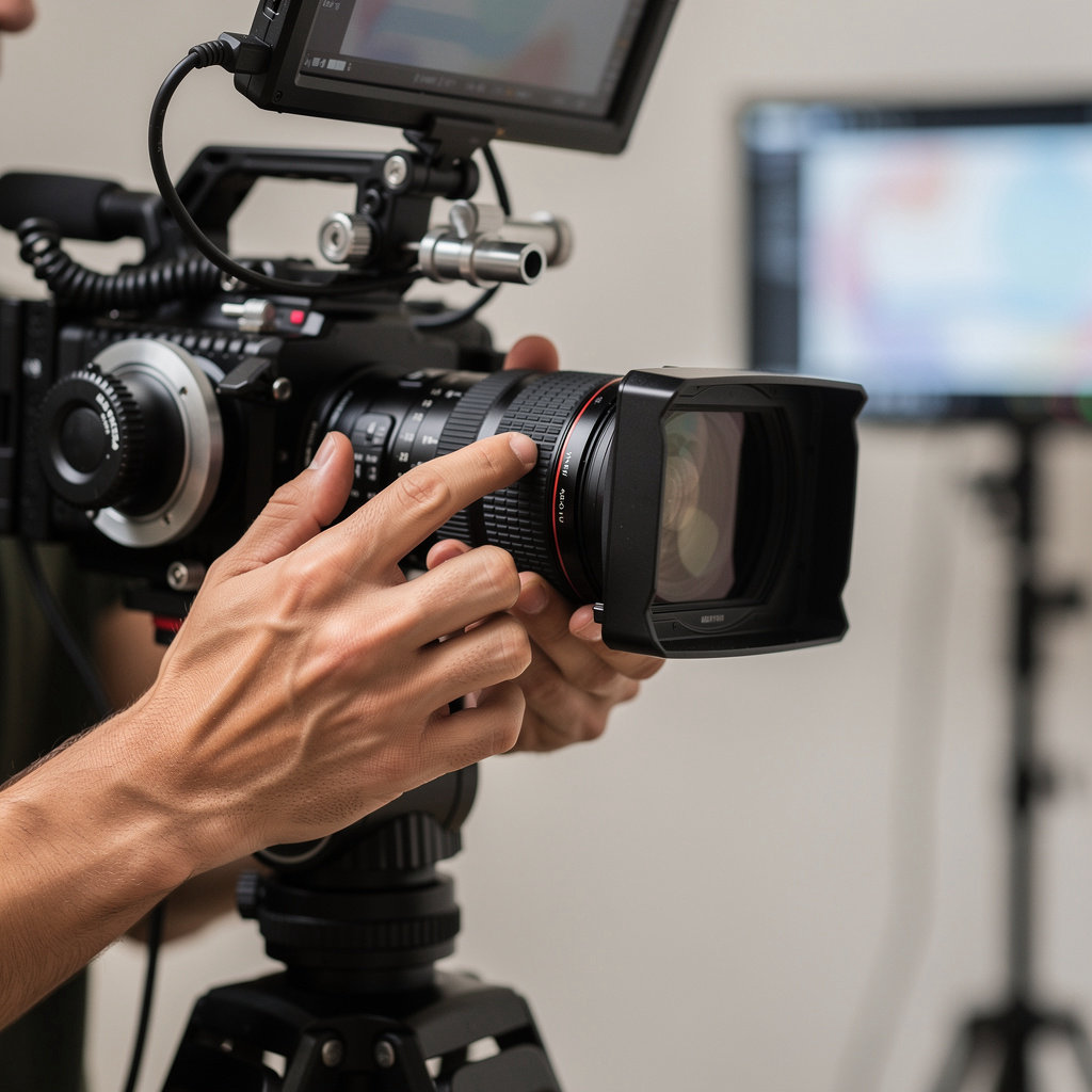 Video Film team reviewing a professional video production project on a high-definition monitor